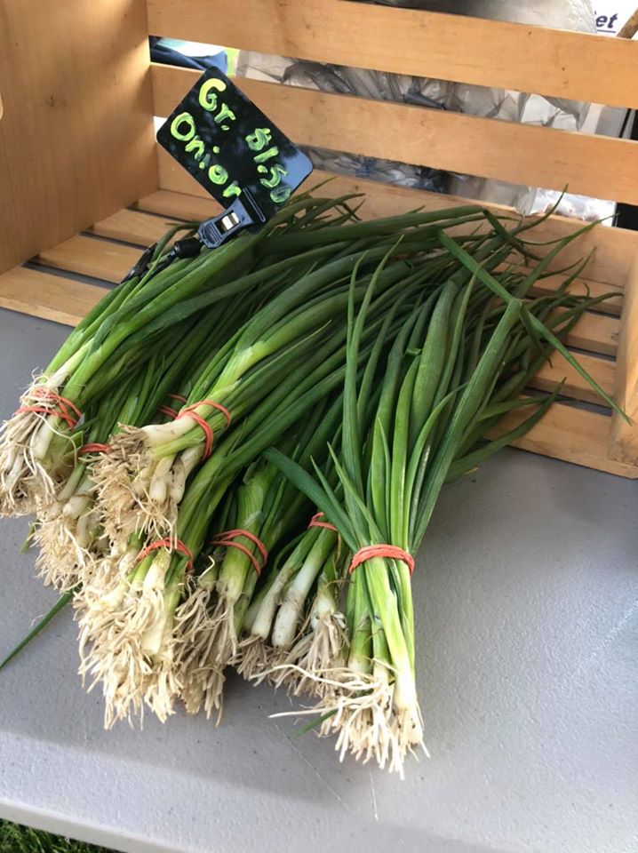 bundles of green onions in a wooden crate