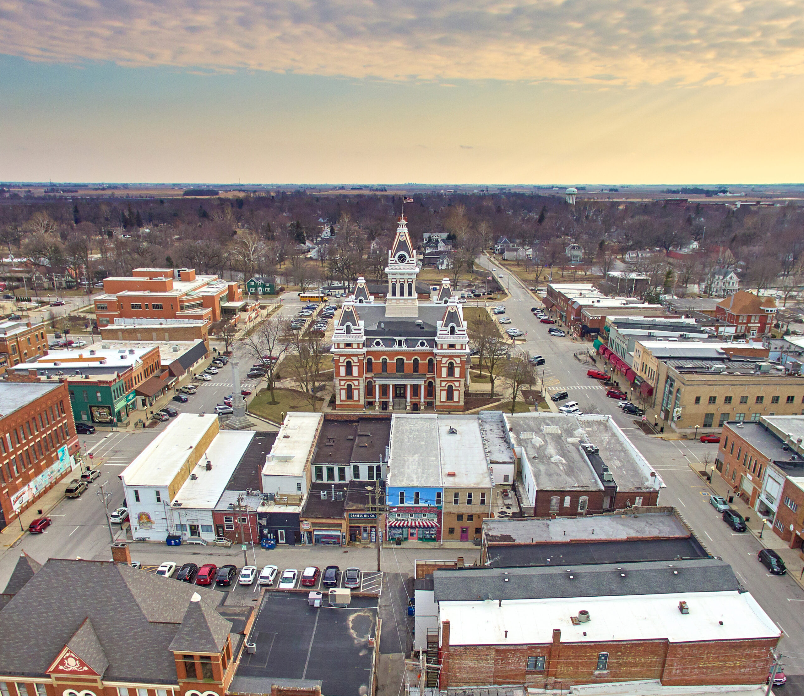 Drone image of downtown Pontiac, IL with the historic courthouse in the center